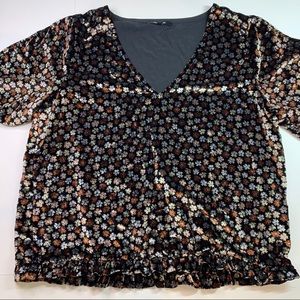 brown and black floral velvet shirt with ruffles